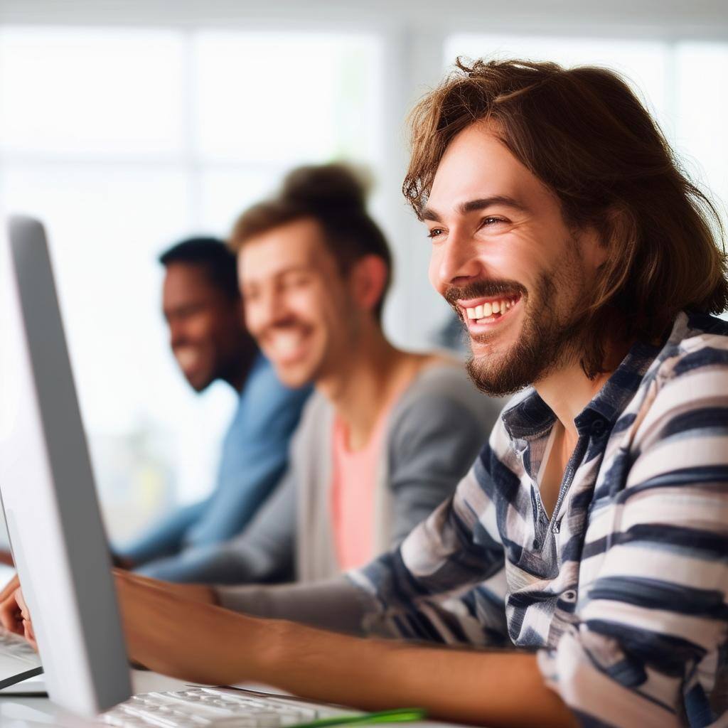 photo of happy people by computer